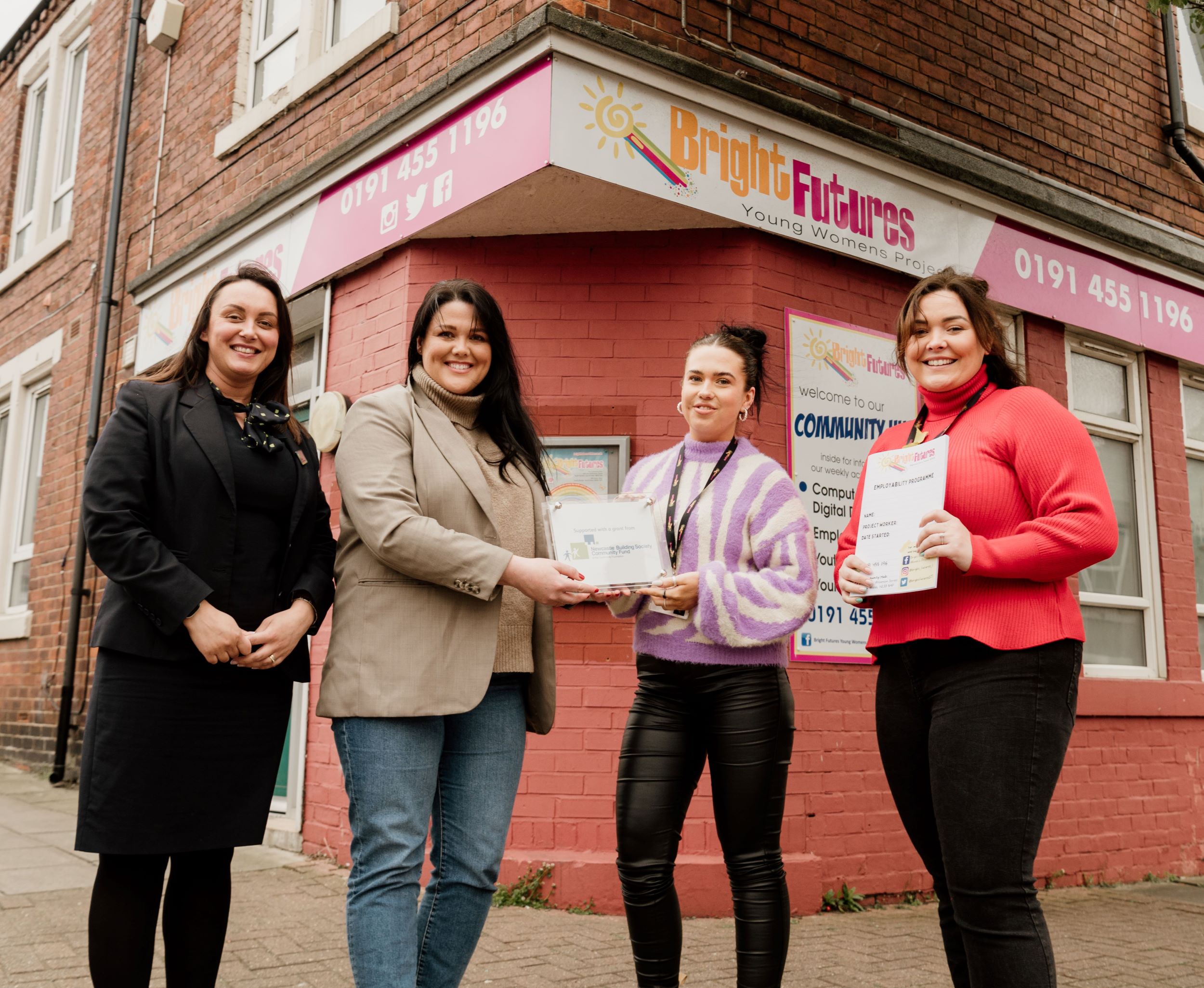 (from left) Donna Brown, Assistant Branch Manager at Newcastle Building Society’s South Shields branch, Nicola Hands, Head of IT Delivery at Newcastle Building Society, Hannah Woodward, Youth Worker and Dominique Hendry, Project Manager at Bright Futures