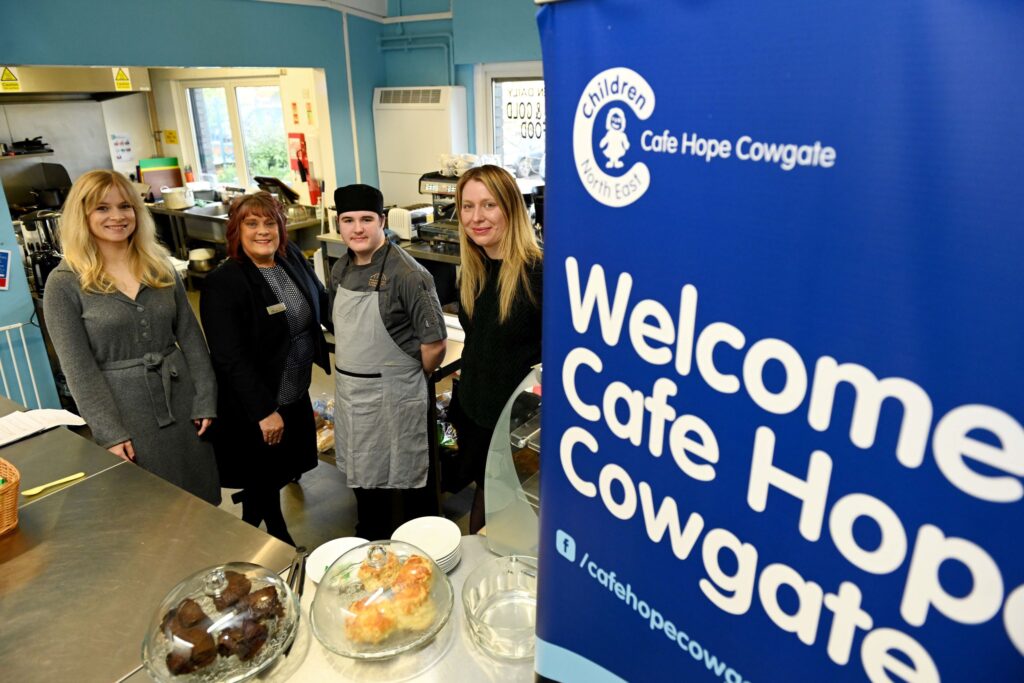 Claudia Pearson, funding development manager at Children North East, Lynn Richardson, Gosforth branch manager at Newcastle Building Society, Wayne Allison, kitchen staff at Cafe Hope and catering apprentice with Newcastle College, and Billie Jenkins, communications and fundraising manager at Children North East