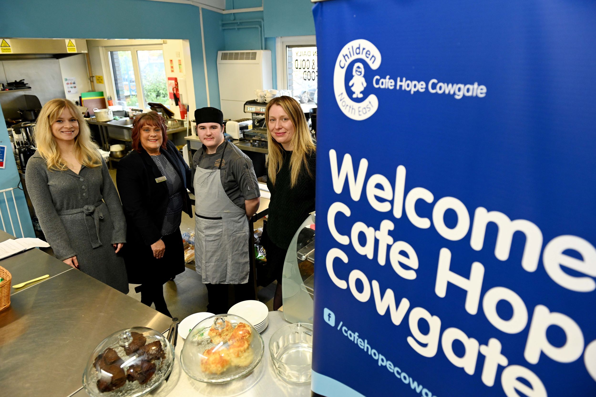 Claudia Pearson, funding development manager at Children North East, Lynn Richardson, Gosforth branch manager at Newcastle Building Society, Wayne Allison, kitchen staff at Cafe Hope and catering apprentice with Newcastle College, and Billie Jenkins, communications and fundraising manager at Children North East