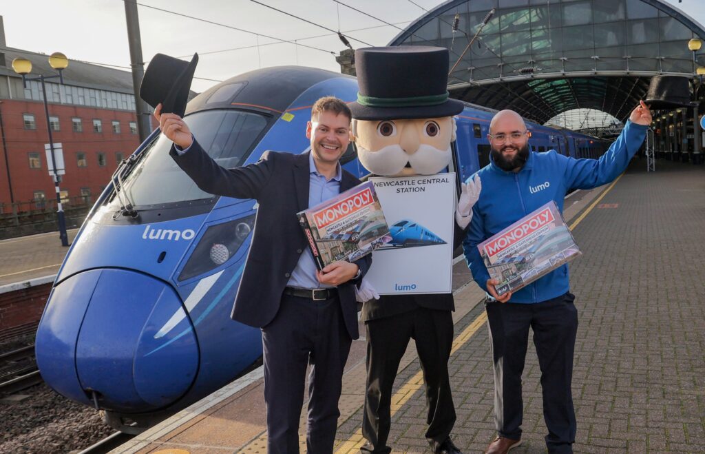 Mr. Monopoly pictured at Central Station alongside Martijn Gilbert, Managing Director of Lumo and David Fox, Planning & Performance Manager at Lumo