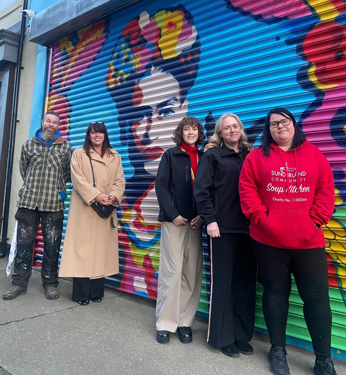 (from left) Sunderland street artist Frank Styles, who painted the murals outside the Soup Kitchen, Nicky Gallagher, Katie Walvin and Lynne Wilson of OnPath Energy, and Ashleigh Richardson of Sunderland Community Soup Kitchen